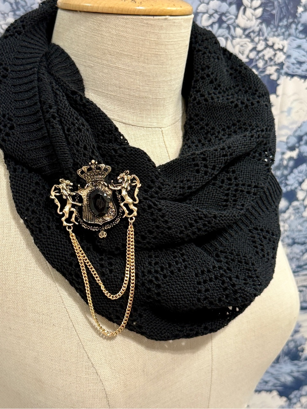 Gold-Tone Lion Crest Brooch with Draped Chains | NWT